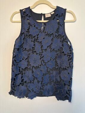 Anthropologie Postmark Floral Lace Overlay Tank Top • Navy Blue